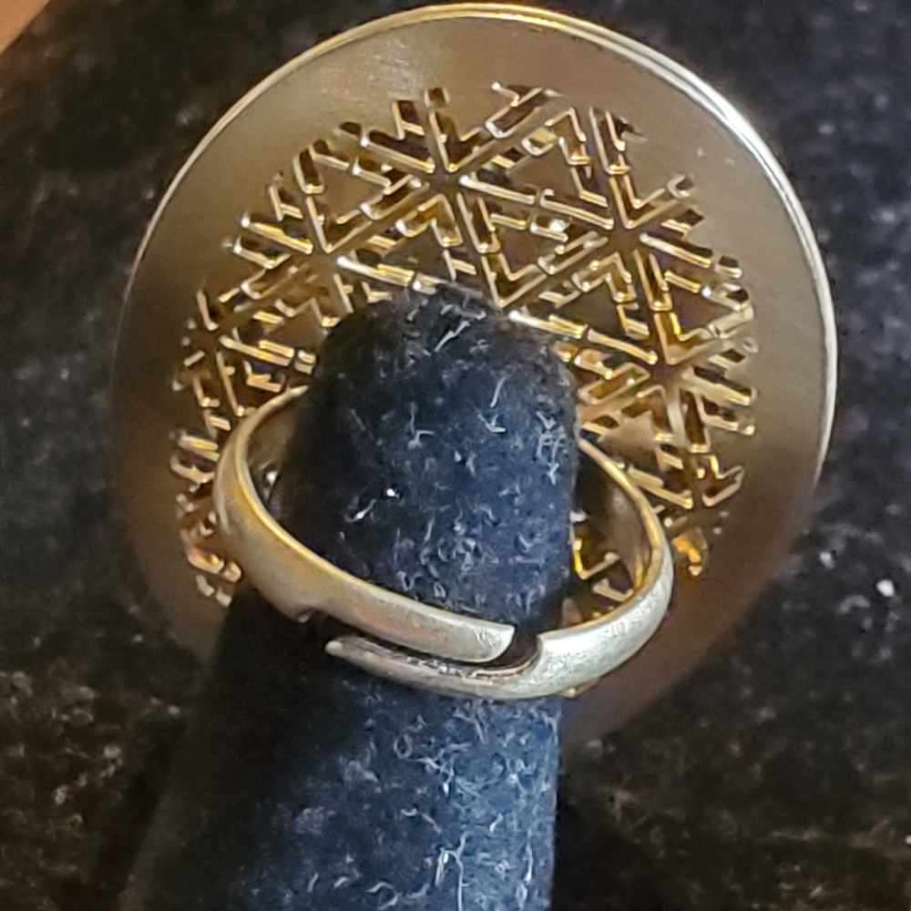 Goldtone Geometric Pattern Ring With Clear Rhines… - image 2